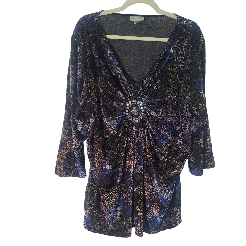 Dressbarn Woman 3X Blue Paisley Velvet Burnout Rhinestone Medallion Top Blouse
